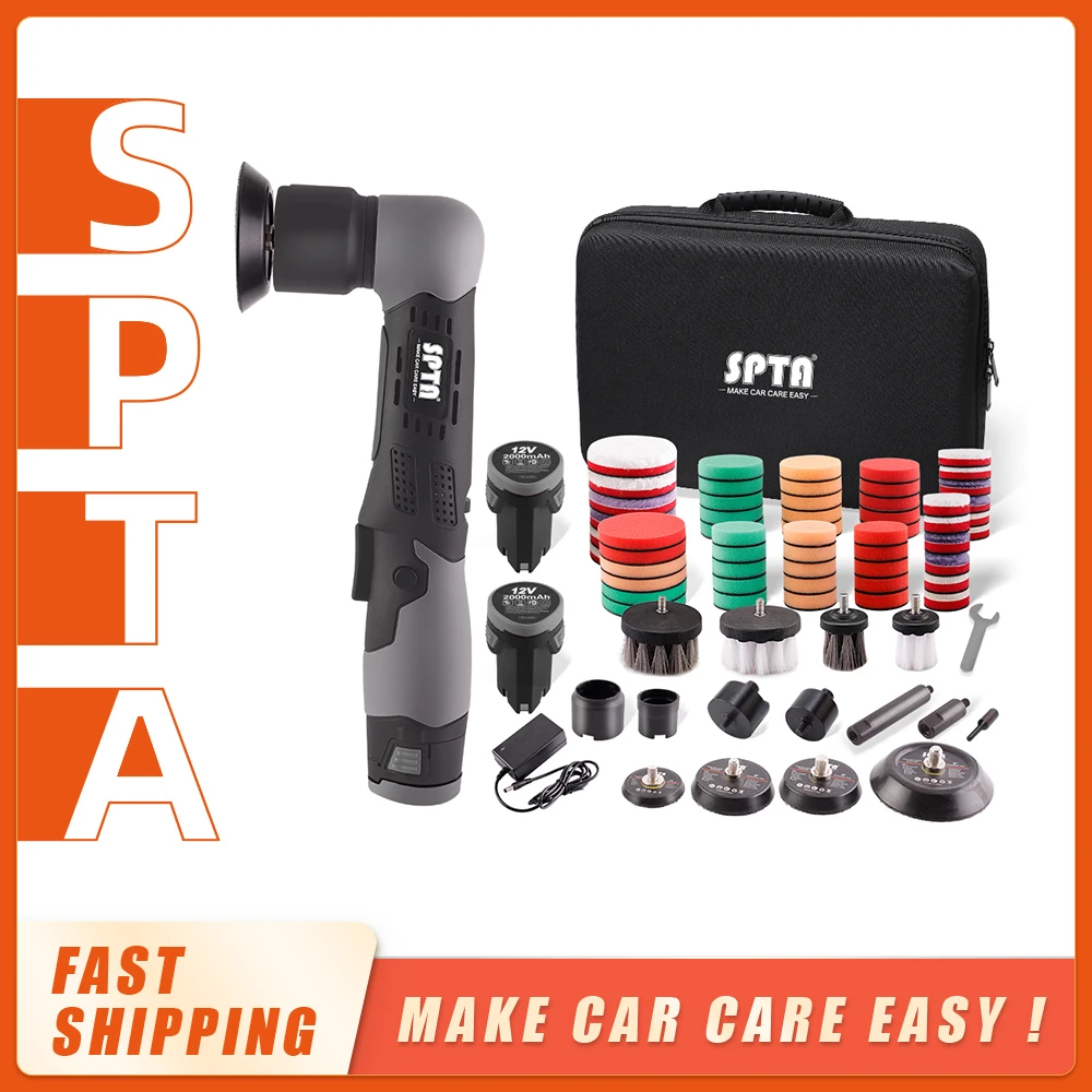 SPTA 12V Cordless Mini Car Polisher RO/DA Micro Scratches Killer Cordless Detail Polisher With Adjustment Speed & 2 Batteries