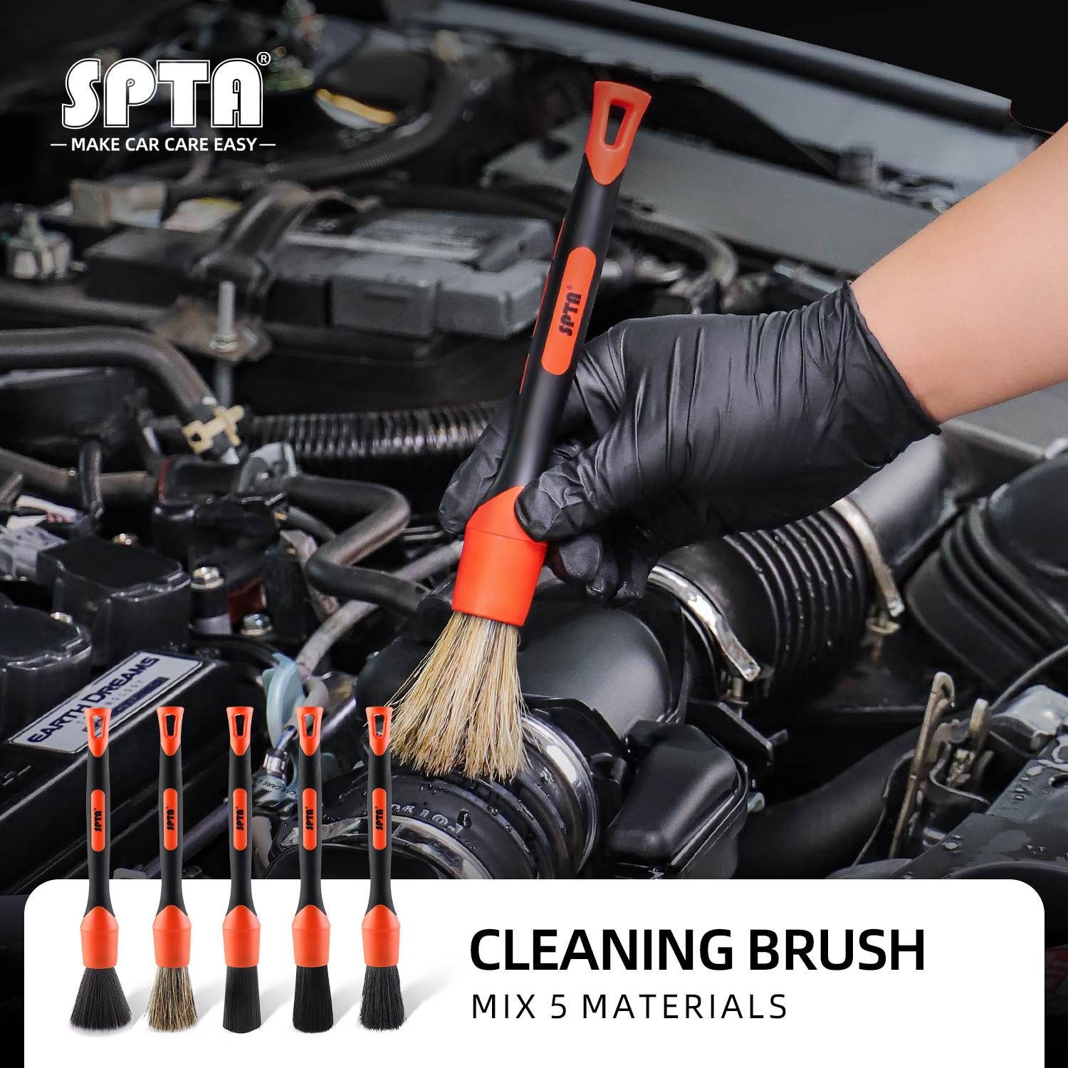 SPTA Handle Car Detail Brush with Natural Boar's Hair Vehicle Interior  Cleaning for Seat Dashboard