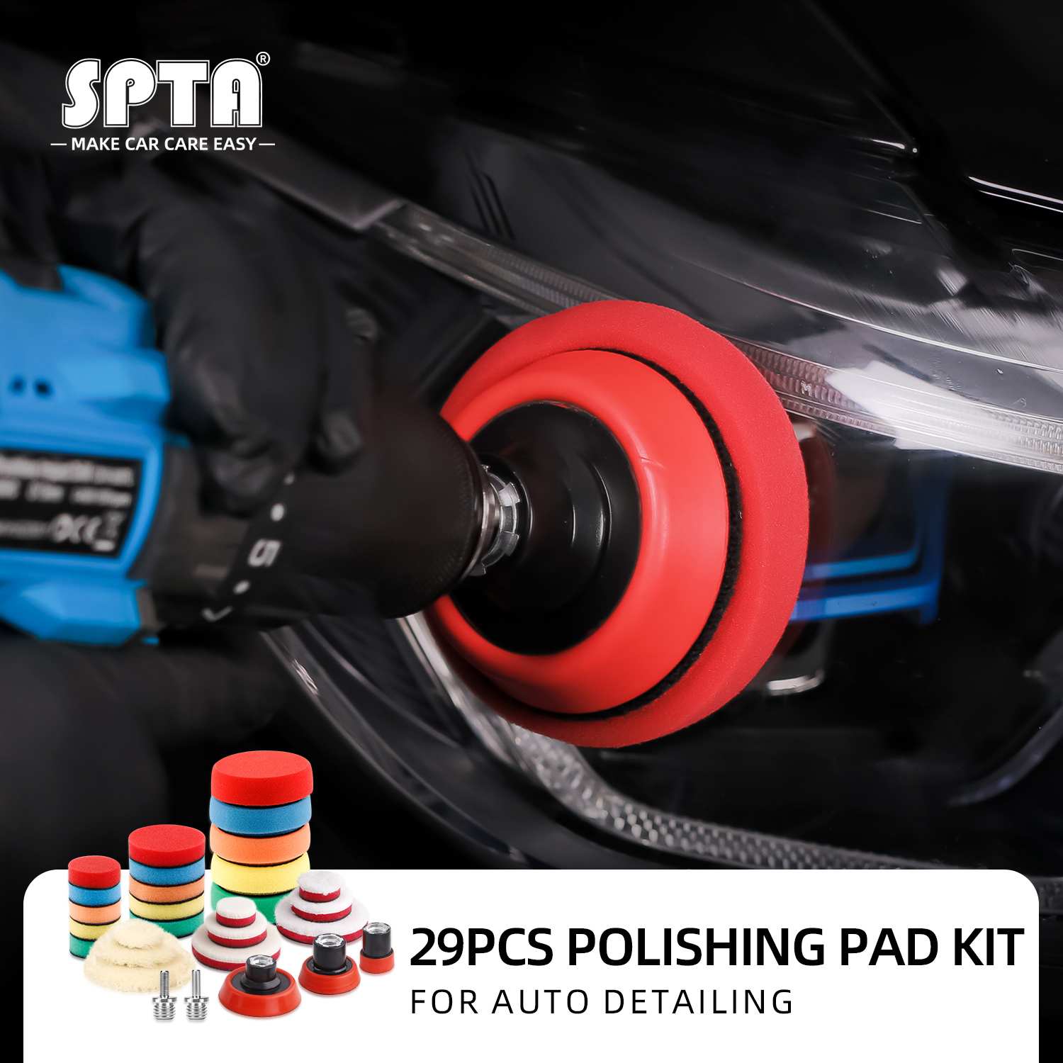 SPTA 10pcs Polishing Pads Kit, 7 Inches Large Size Buffing Pads, Car Foam Buffing Sponge Pads Kit with 5/8-11 Backing Plate for Car Care Polisher