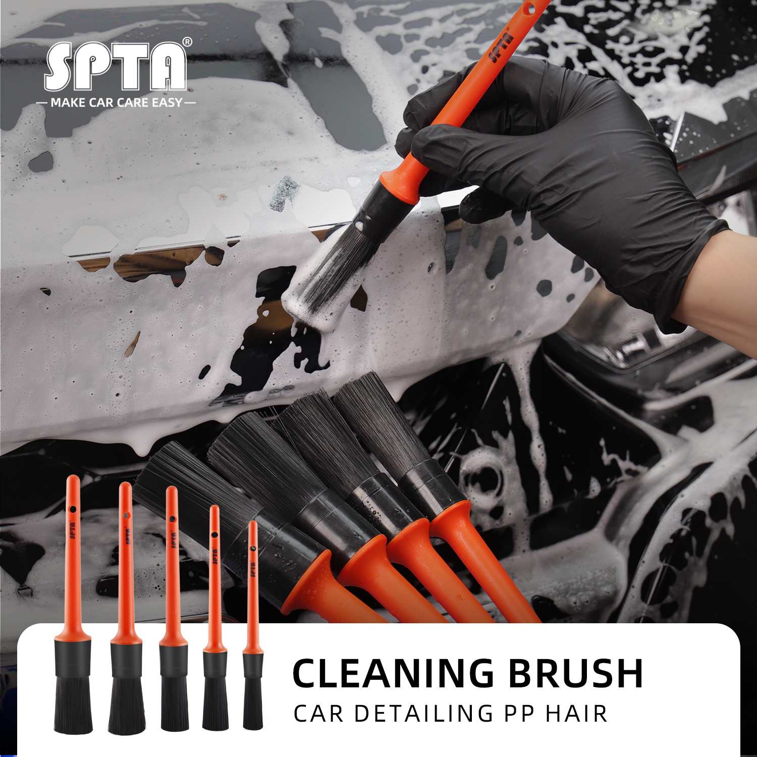 SPTA Car Detailing Brush Set, 5 Pack Soft Boar Hair Auto Detail Brush Kit with Elbow for Automotive Elegant Surface Interior Exterior Dashboard
